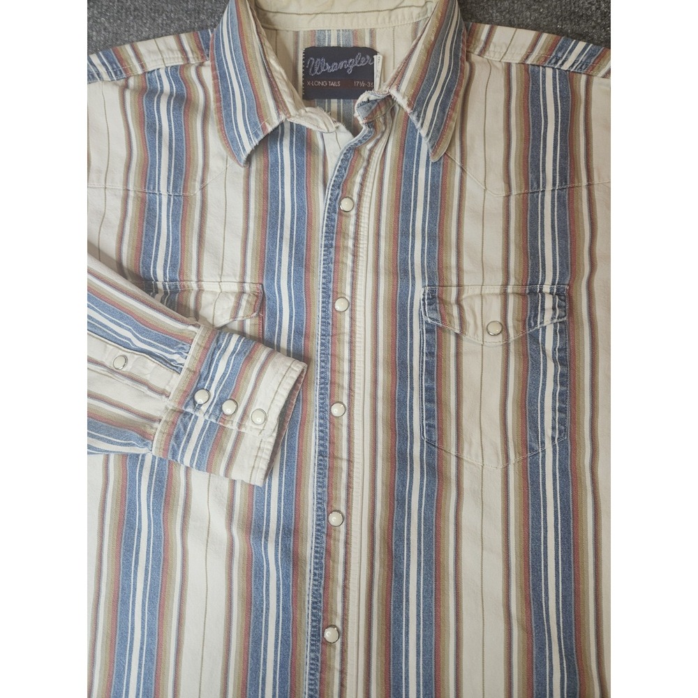 Vintage Wrangler Mens Pearlsnap L/S Shirt Striped Denim Size 17.5-35 Long‎ Tails
